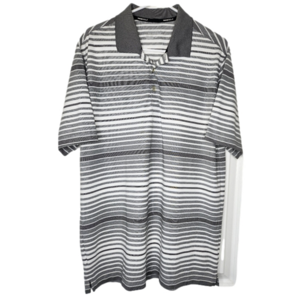𝅺Nike Tour Performance Dri Fit Polo Mens Large Grey and White Striped